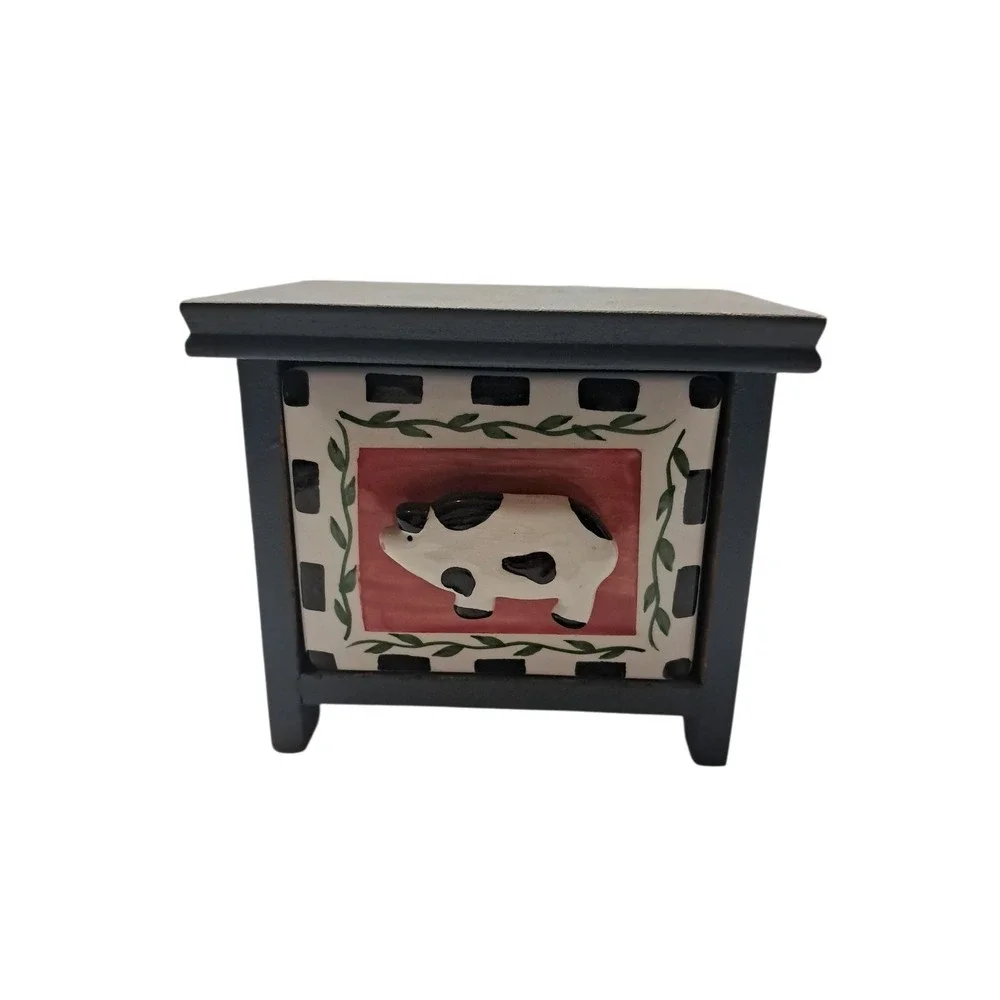Wooden Spice Or Condiment Box w/Ceramic Cow Drawer Organizer Storage Cottagecore